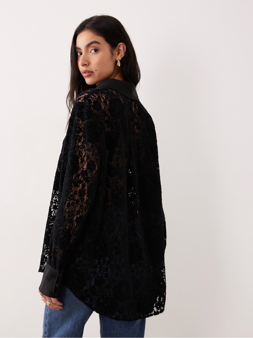 Free People Faith Button Down Black Lace Sheer Blouse Size L NWT